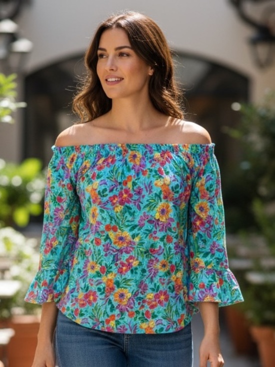 Stella Parker Tops - Stella Parker Teal Floral Off the Shoulder Cotton Blouse Ruffle Sleeve Large